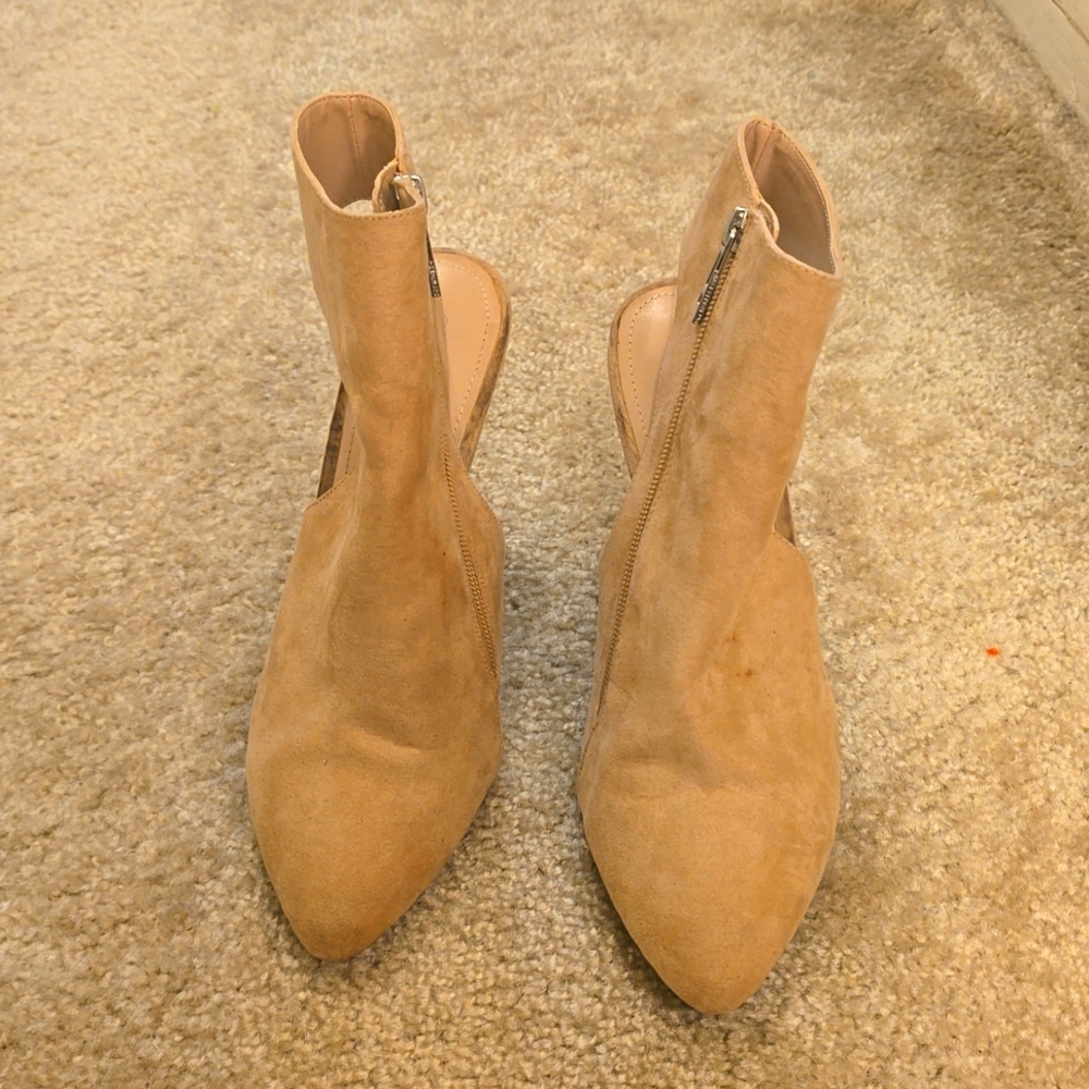 Fawn suede peep-heel wedge booties
